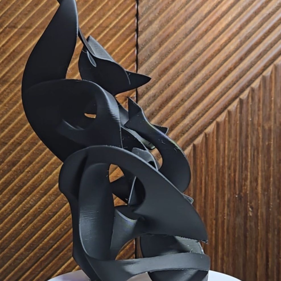 Sculpture nouée noire sur socle en bois — nœud continu