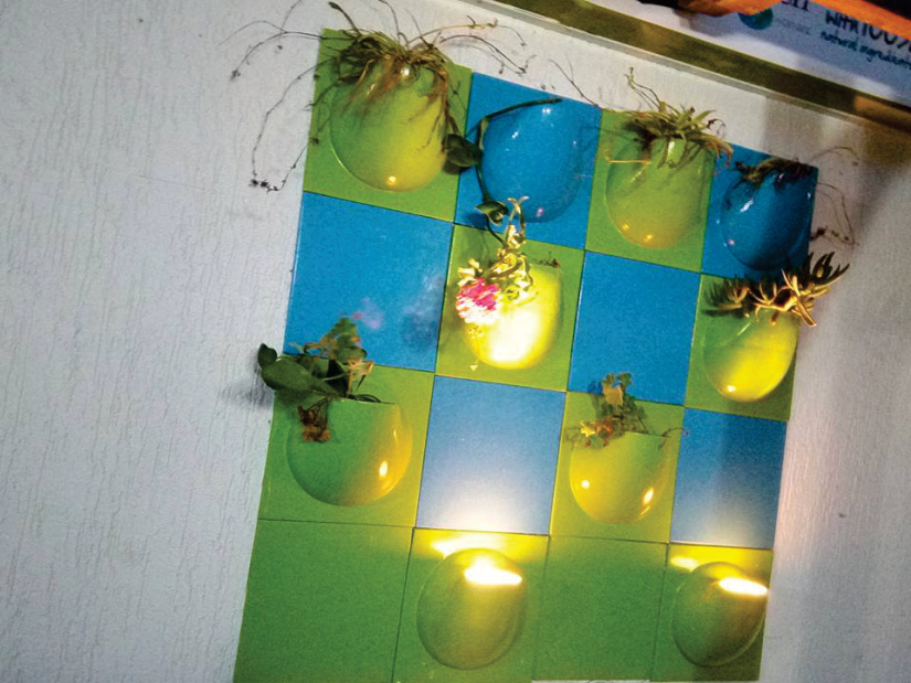 Paroi d'accueil lumineuse — casiers colorés rétroéclairés