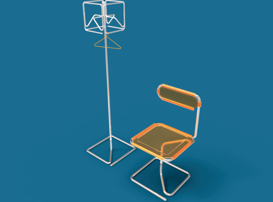 Chaise et lampadaire — rendu filaire d'assises sculpturales