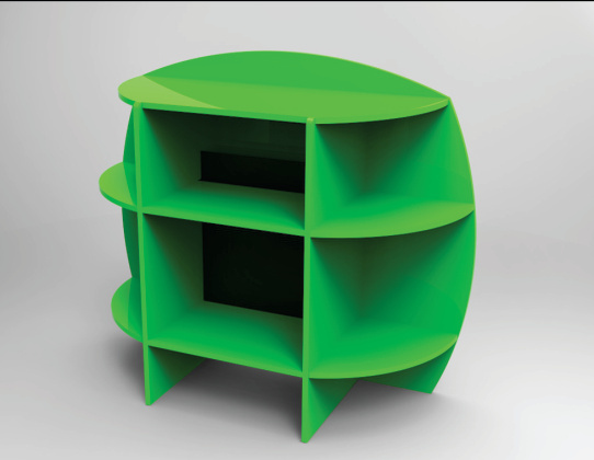 Meuble colonne vert arrondi — assemblage CNC sans vis