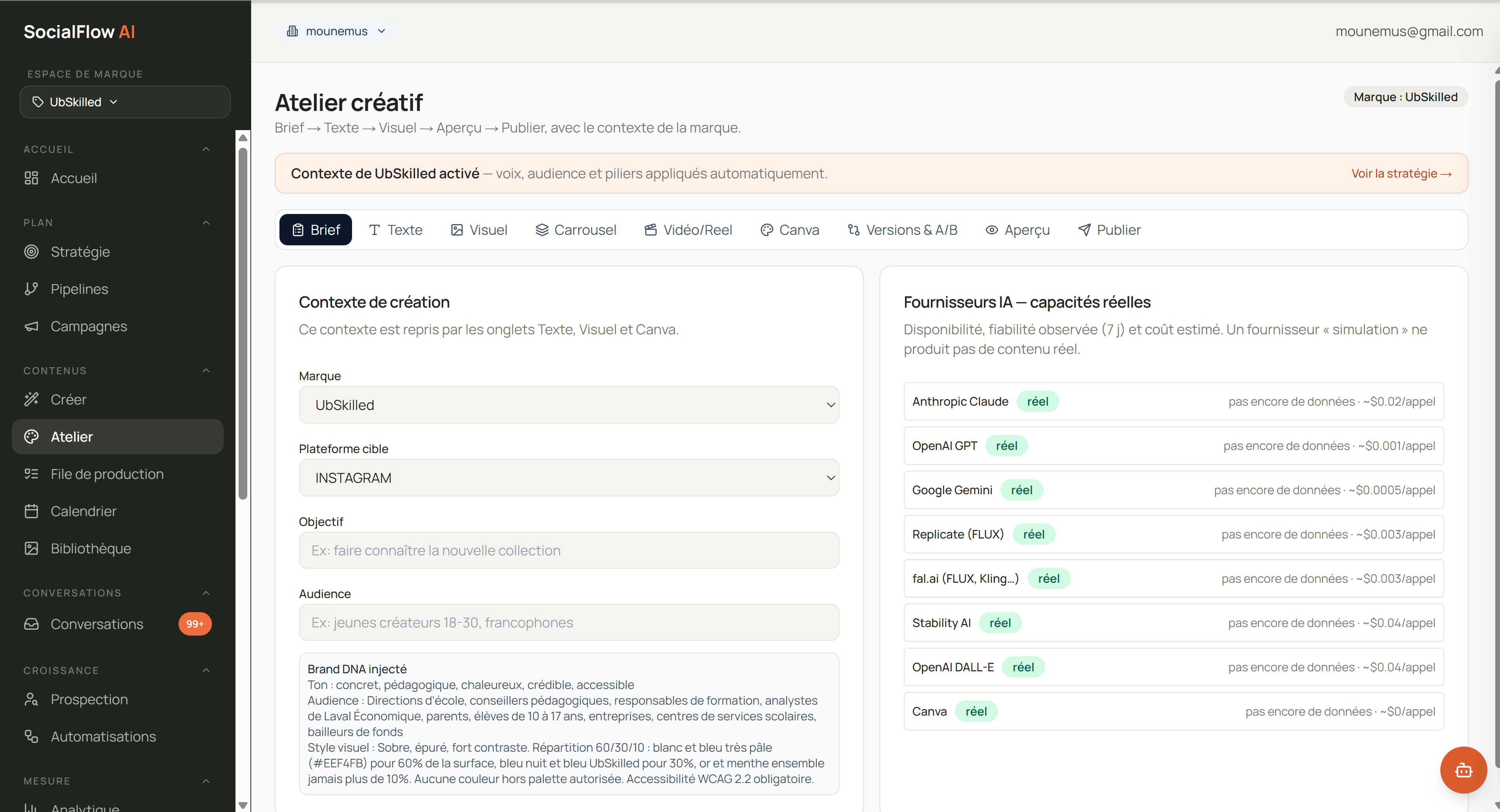SocialFlow AI Studio — atelier créatif de l'interface