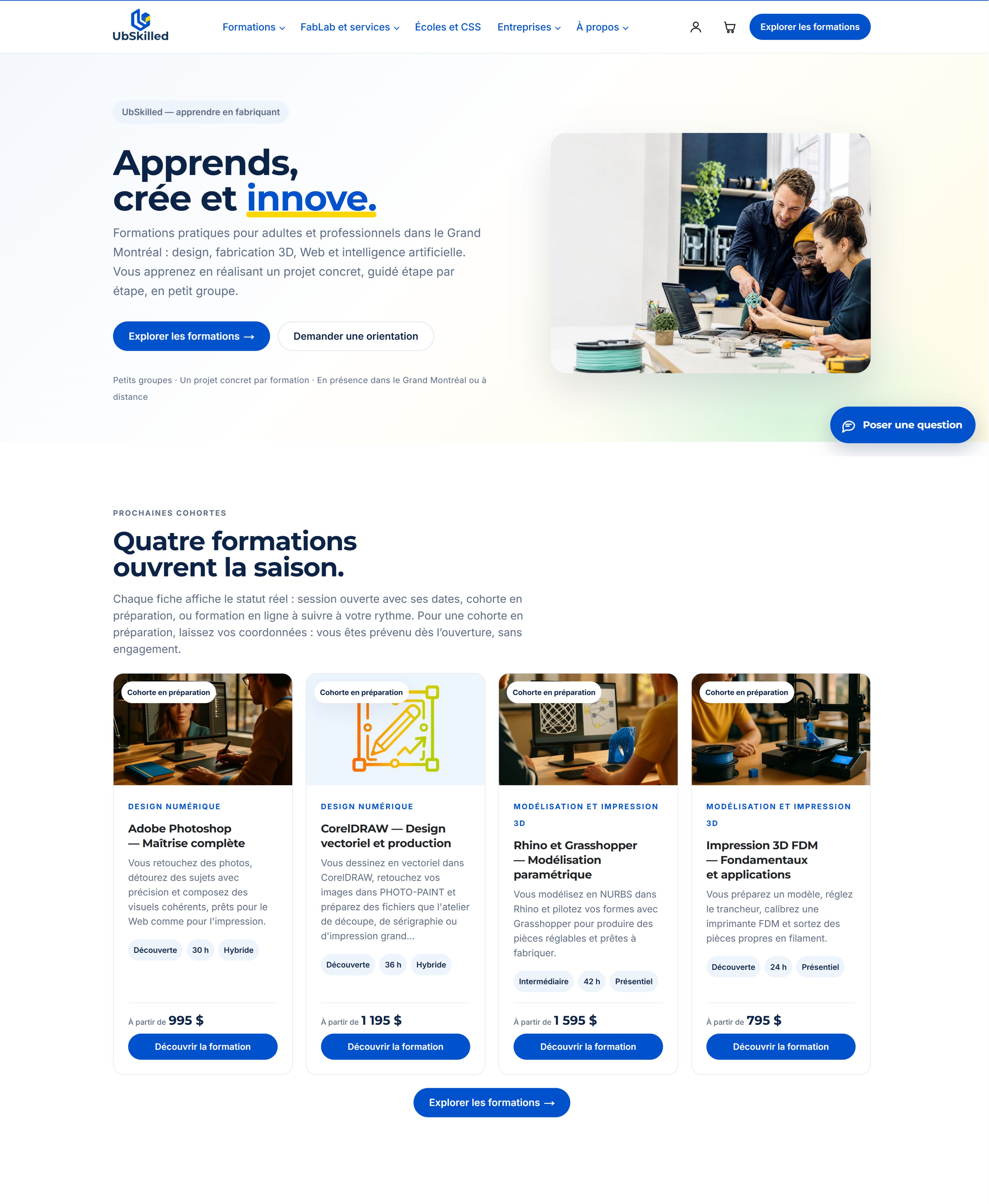 Site UbSkilled — page d'accueil « Apprends, crée & innove »